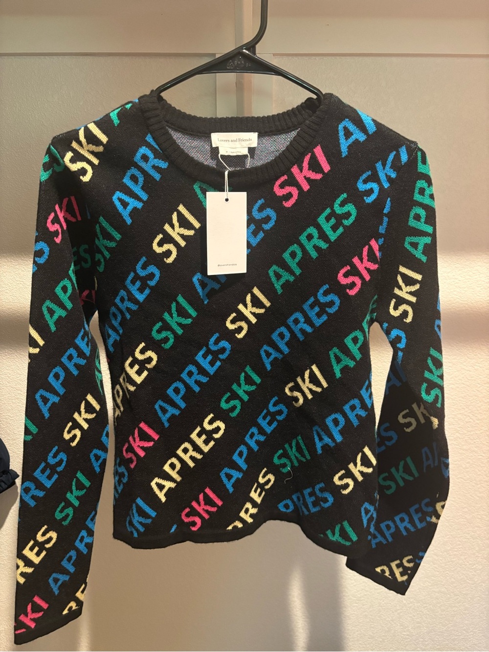 Lovers + Friends Black Knit Sweater with Multicolor Ski Text